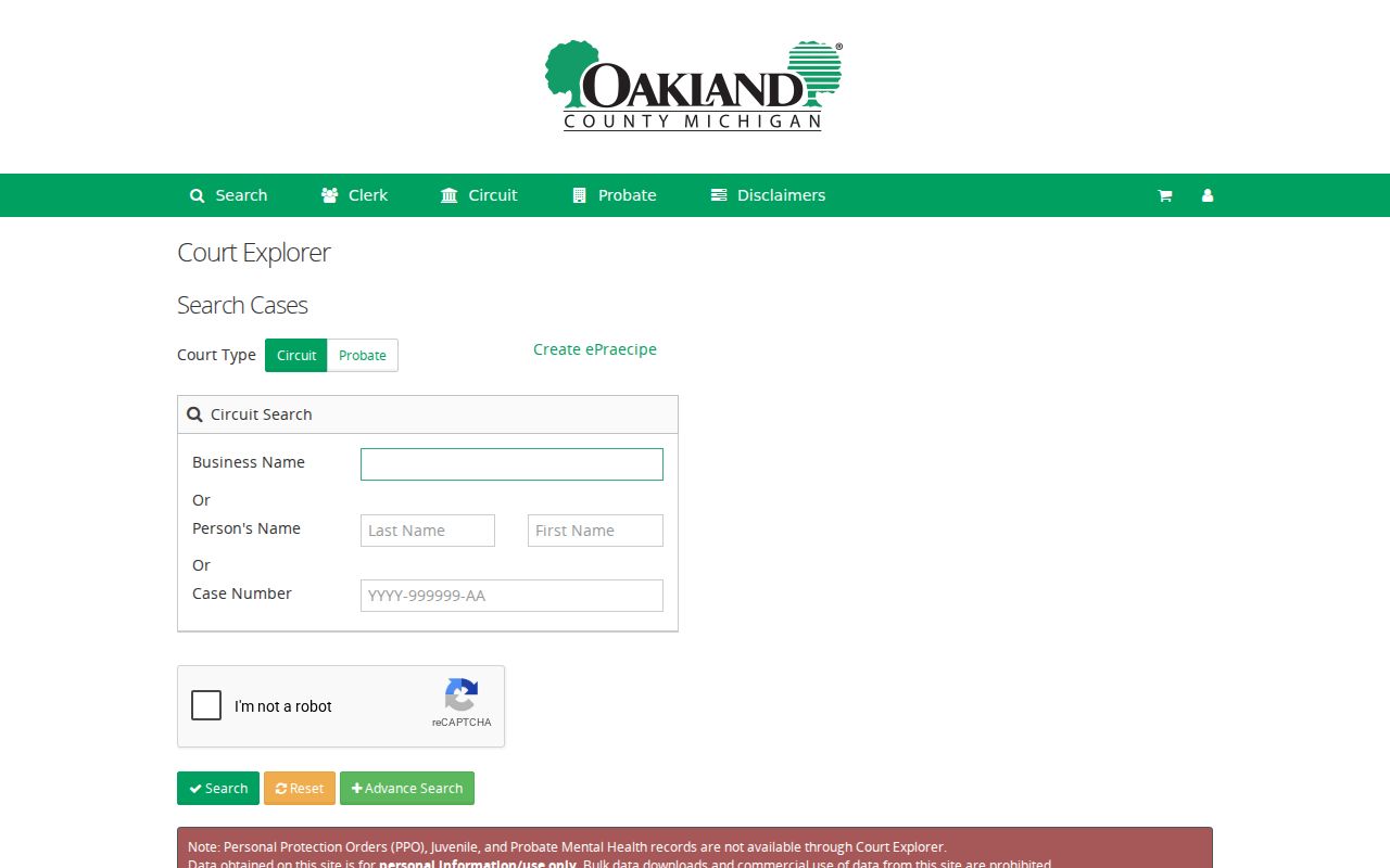 Oakland County criminal court record search in Court Explorer