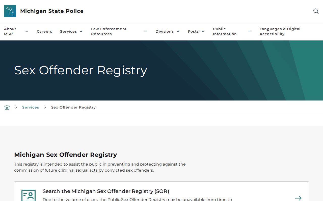 Michigan State Police public sex offender registry search page for Oakland County