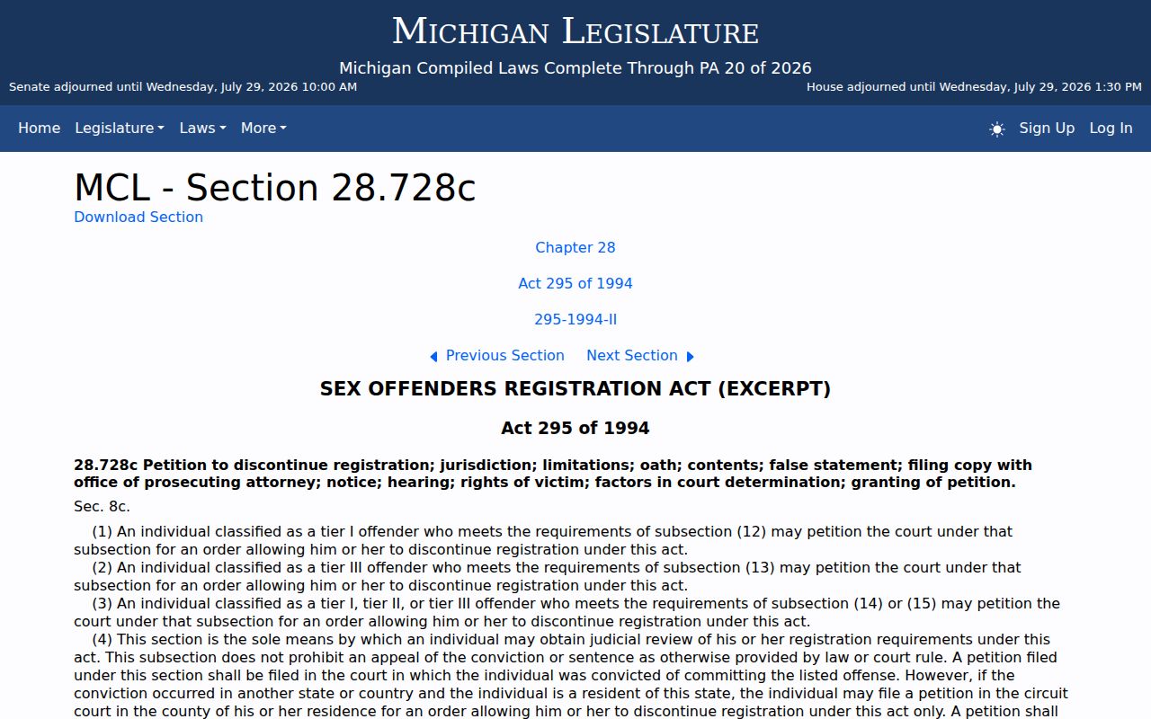 Michigan statute page governing public sex offender registry information